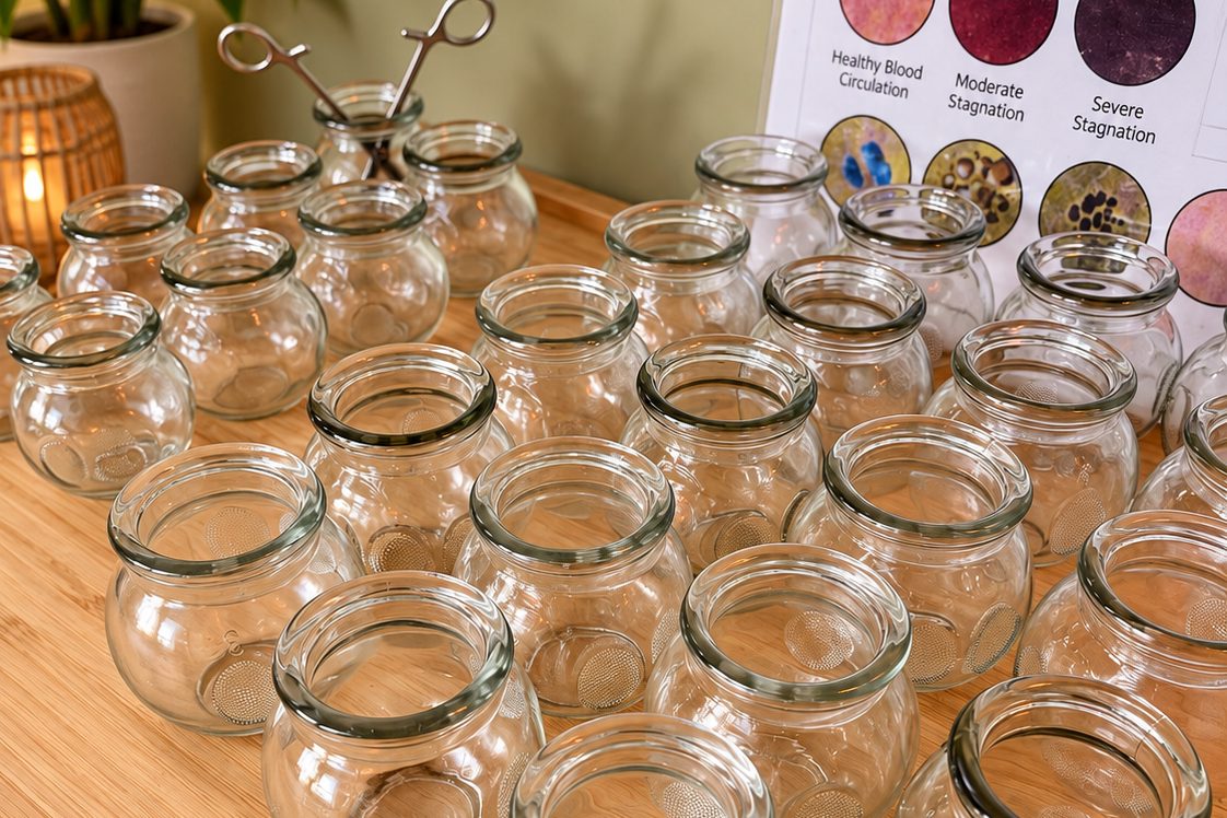 Glass cupping jars laid out on a bamboo board beside a skin reaction chart
