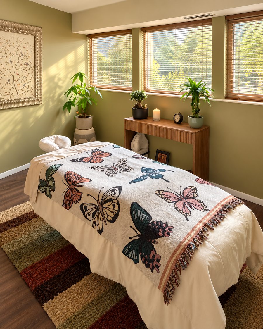 The treatment room at Emissary of Light Massage, with a butterfly throw over the table and daylight through wooden blinds